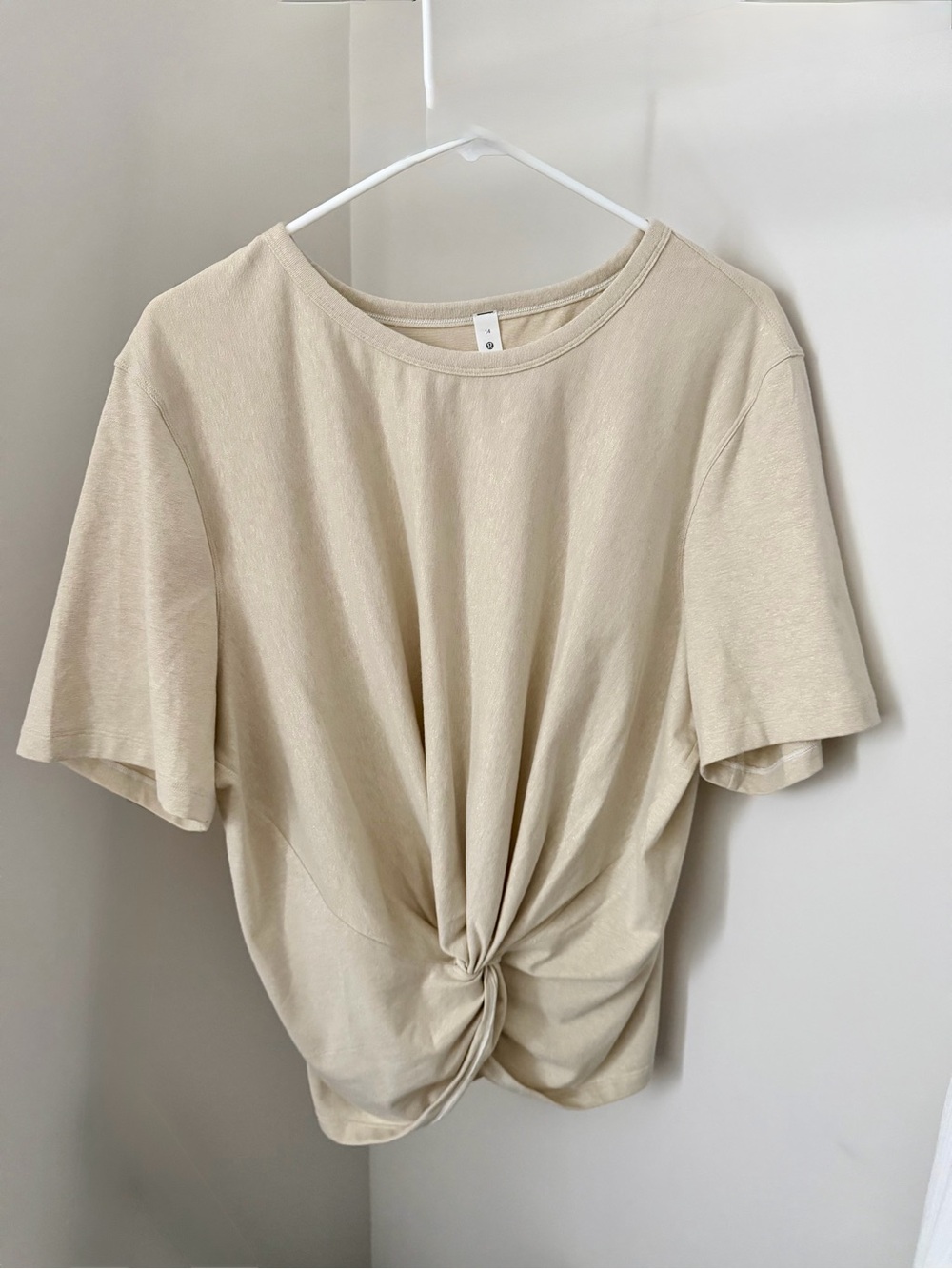 Lululemon Women's Cream gold glitter Twist-Front Short sleeve cropped top